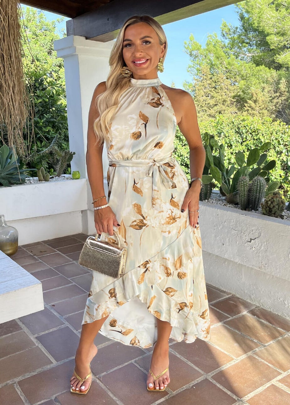 AX Paris Multi Blossom Print Halterneck Tie Waist Dipped Hem Midi Dress