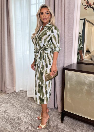 AX Paris Khaki Brush Stroke Print 3/4 Sleeve Tie Waist Wrap Shirt Midi Dress