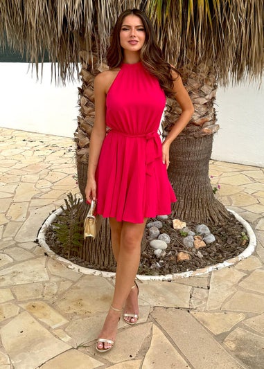 AX Paris Magenta Halterneck Tie Waist Skater Mini Dress
