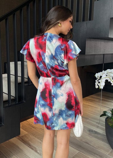 AX Paris Multi Smudge Print Flutter Sleeve Gathered Side Mini Dress