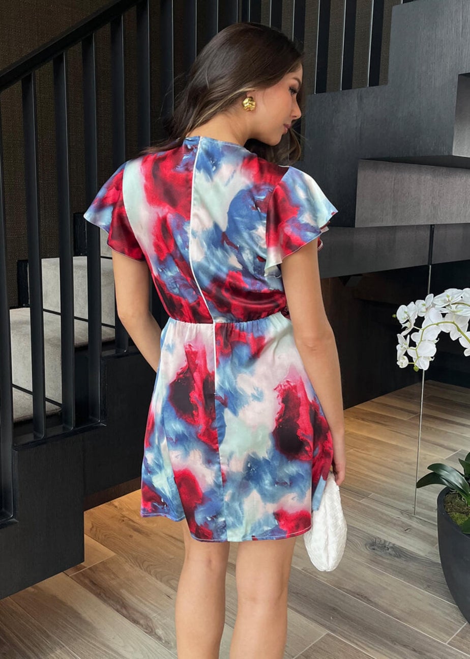AX Paris Multi Smudge Print Flutter Sleeve Gathered Side Mini Dress