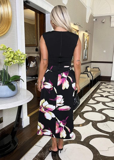 AX Paris Black Floral Print 2 In 1 Double Frill Split Midi Dress