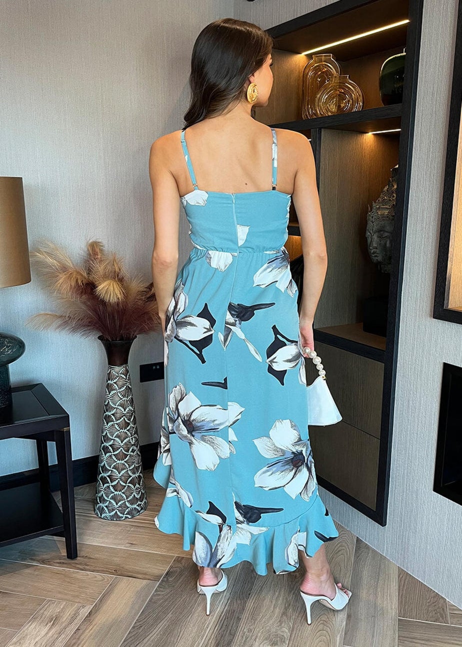 AX Paris Duck Egg Floral Print Racer Neck High Low Frill Hem Midi Dress