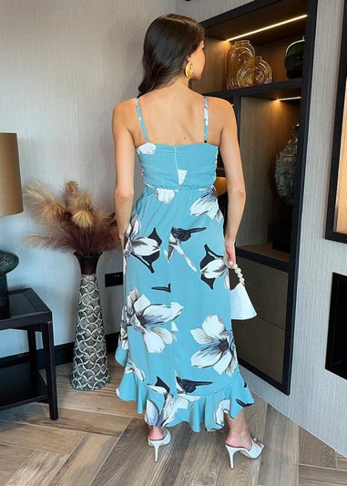 AX Paris Duck Egg Floral Print Racer Neck High Low Frill Hem Midi Dress