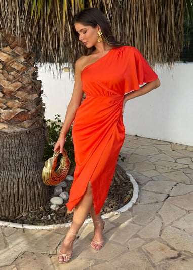 AX Paris Orange One Shoulder Butterfly Sleeve Wrap Midi Dress