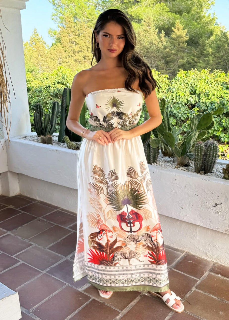 AX Paris Cream Safari Print Strapless Shirred Waist Side Split Midi Dress