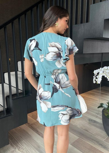 AX Paris Duck Egg Floral Print Flutter Sleeve Gathered Side Mini Dress