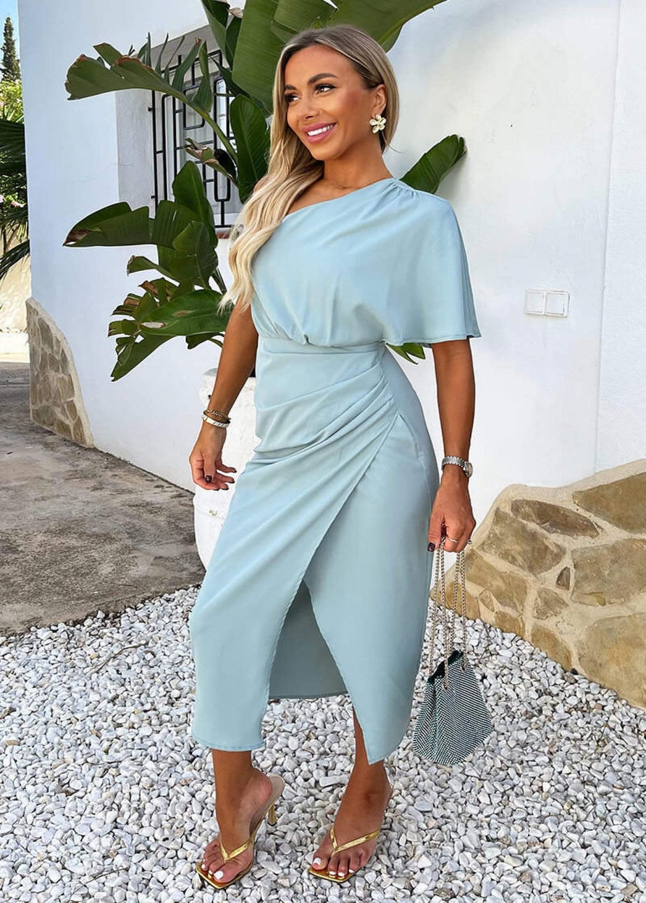 AX Paris Duck Egg One Shoulder Butterfly Sleeve Wrap Midi Dress