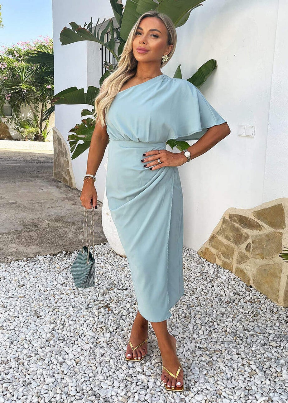 AX Paris Duck Egg One Shoulder Butterfly Sleeve Wrap Midi Dress