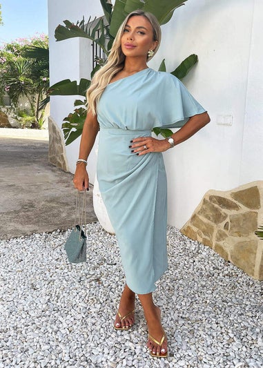 AX Paris Duck Egg One Shoulder Butterfly Sleeve Wrap Midi Dress