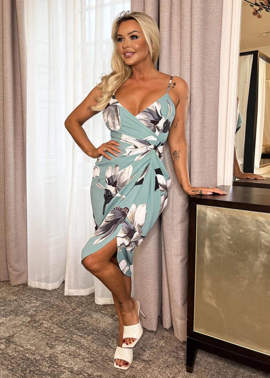 AX Paris Duck Egg Floral Print Strappy Wrap Top Gathered Skirt Midi Dress