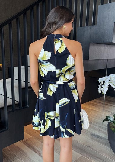 AX Paris Navy Floral Print Halter Neck Tie Waist Mini Dress