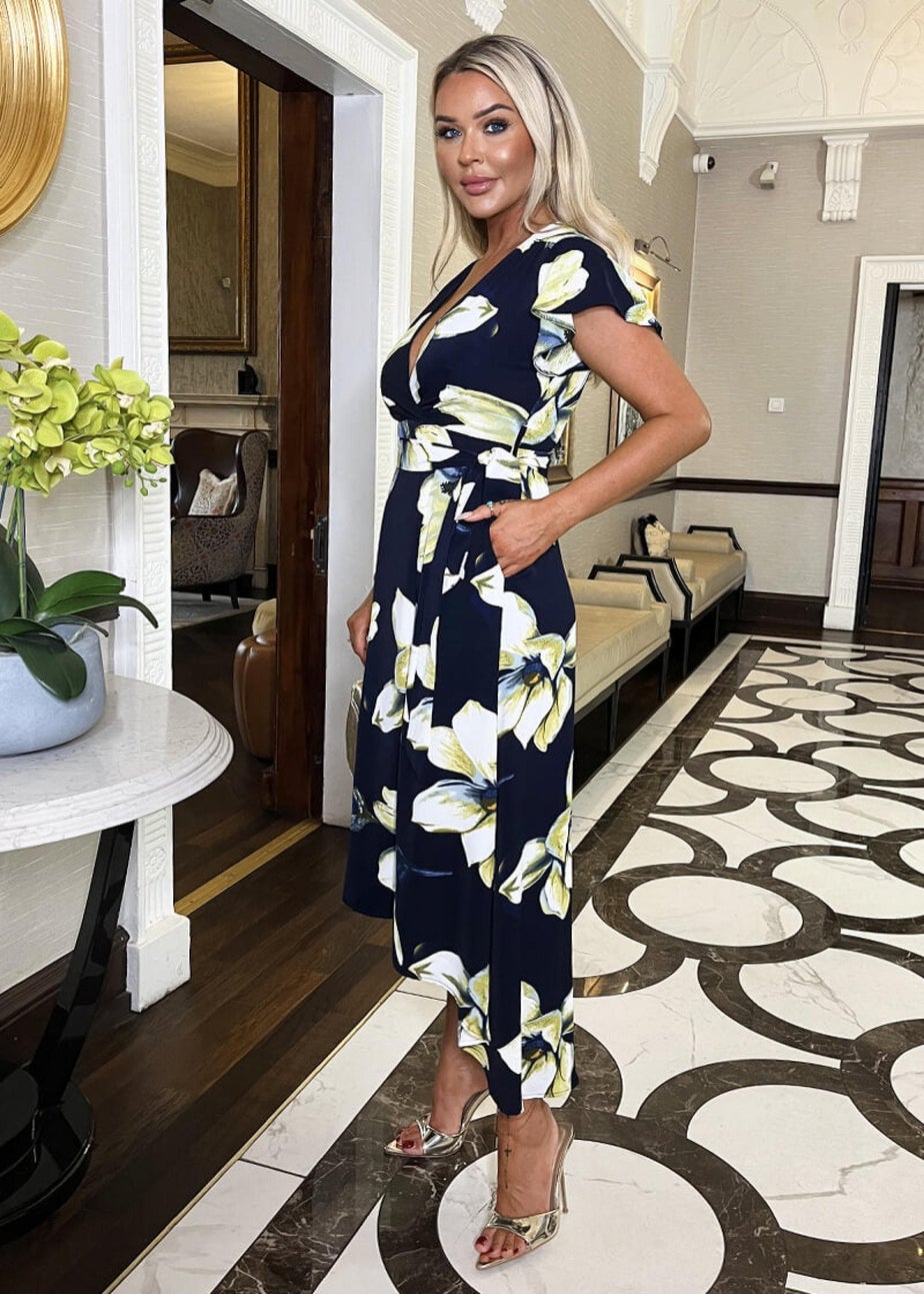 AX Paris Navy Floral Print Short Sleeve Belted Wrap Midi Dress