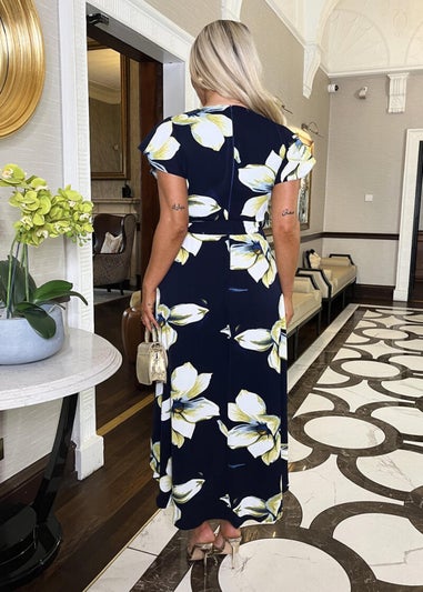 AX Paris Navy Floral Print Short Sleeve Belted Wrap Midi Dress