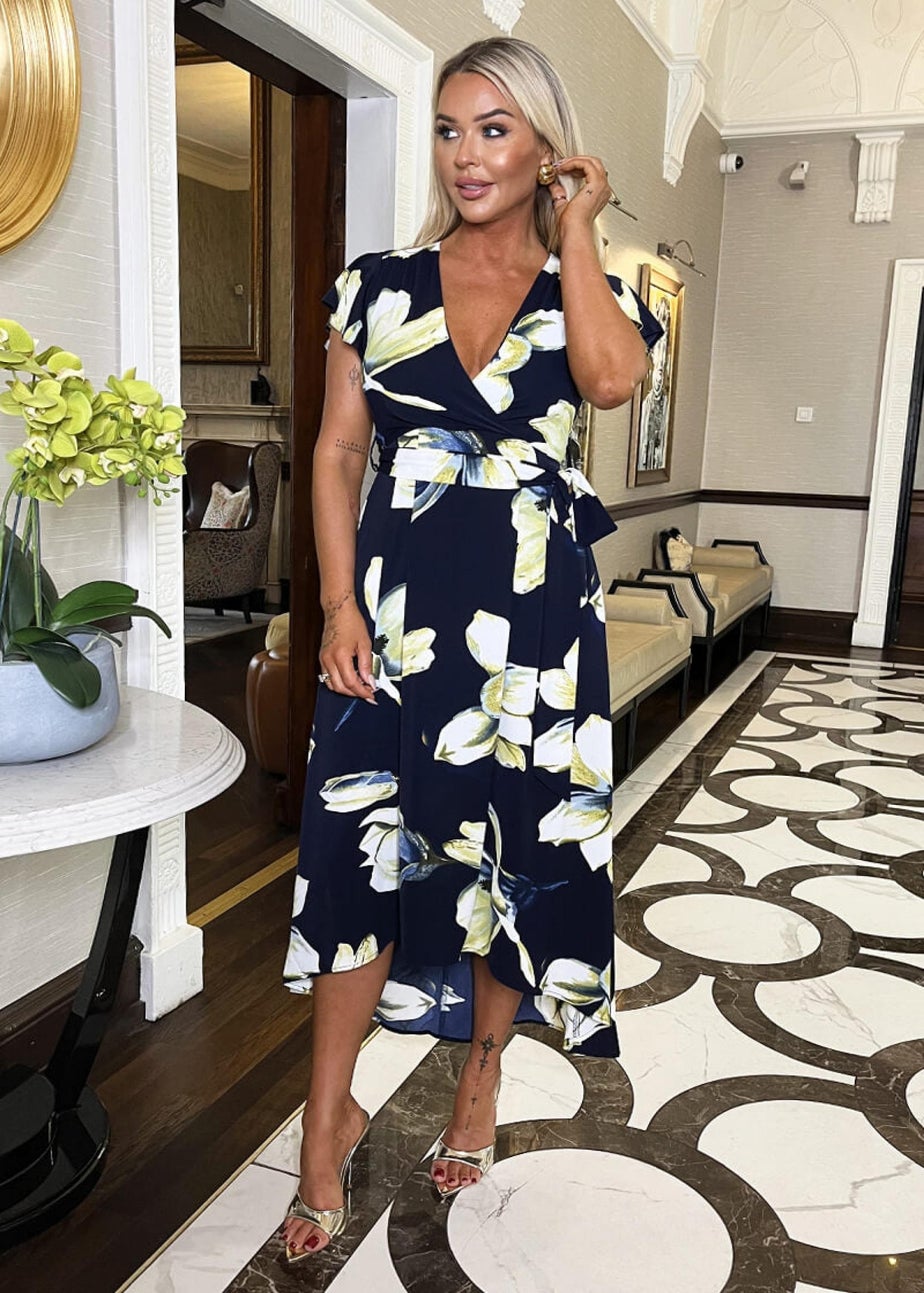 AX Paris Navy Floral Print Short Sleeve Belted Wrap Midi Dress