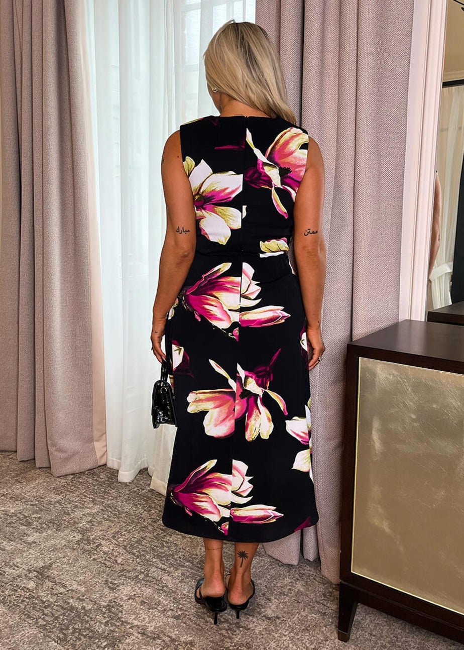 AX Paris Black Floral Print Gathered Midi Dress With Shoulder Pads