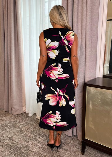 AX Paris Black Floral Print Gathered Midi Dress With Shoulder Pads