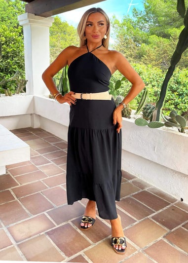 AX Paris Black Halterneck Straw Belt Tiered Midi Dress