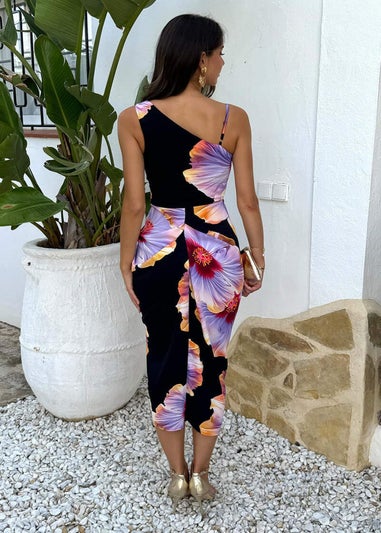 AX Paris Black And Lilac Floral Print Strap Detail Gathered Skirt Midi Dress