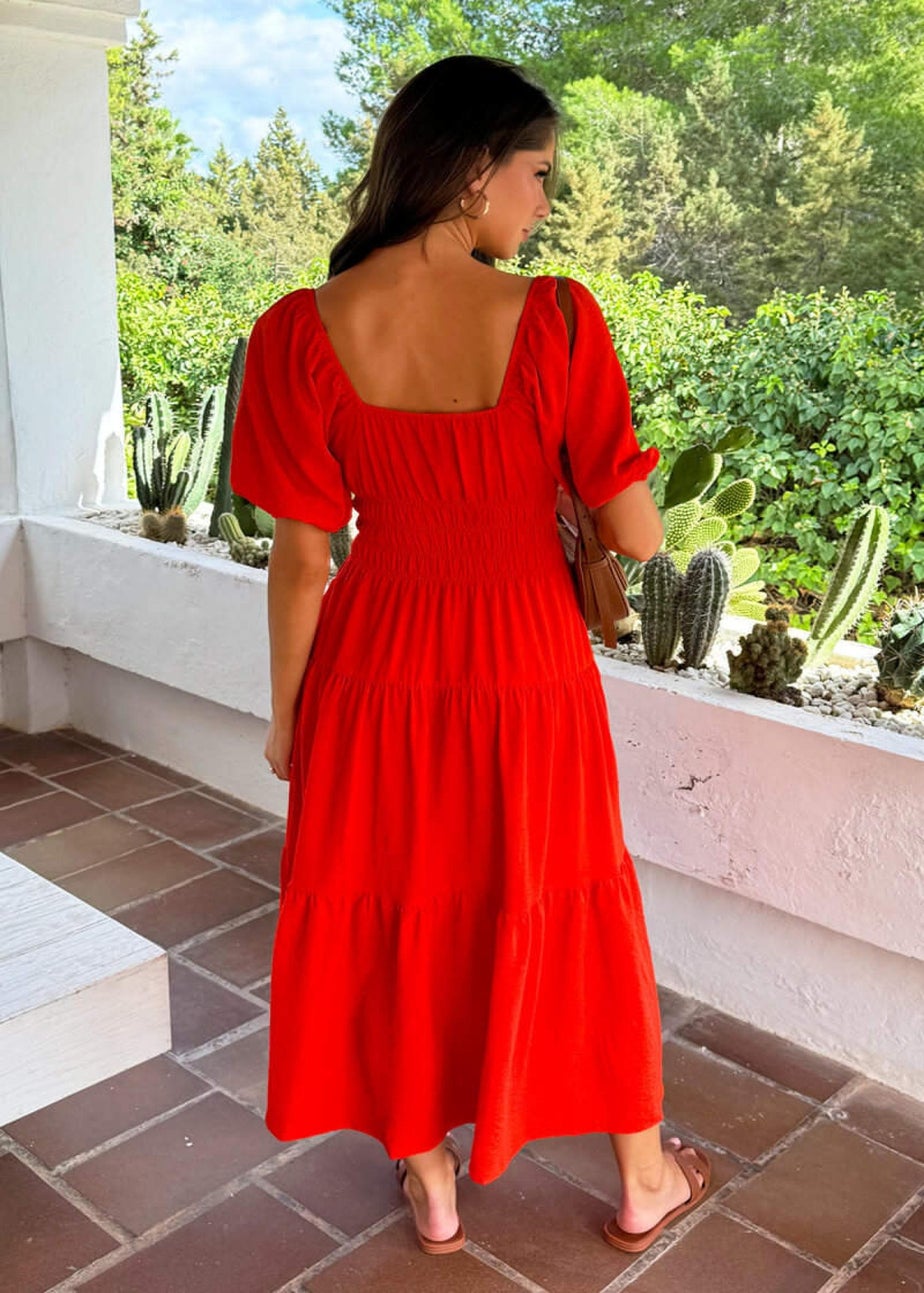 AX Paris Orange Puff Sleeve Shirred Waist Smock Midi Dress