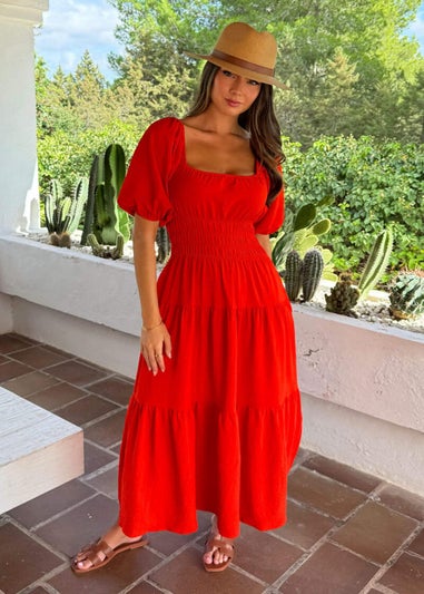 AX Paris Orange Puff Sleeve Shirred Waist Smock Midi Dress