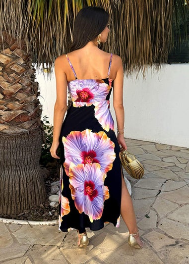 AX Paris Black And Lilac Floral Print Strappy Slip Midi Dress
