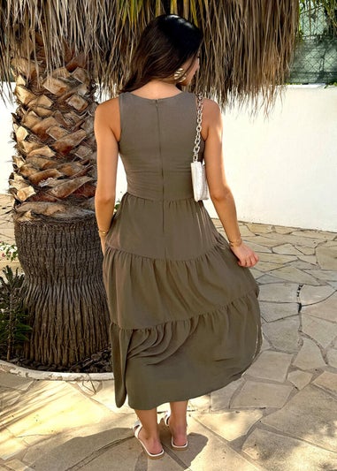 AX Paris Khaki Round Neck Ribbed Top Tiered Skirt Midi Dress