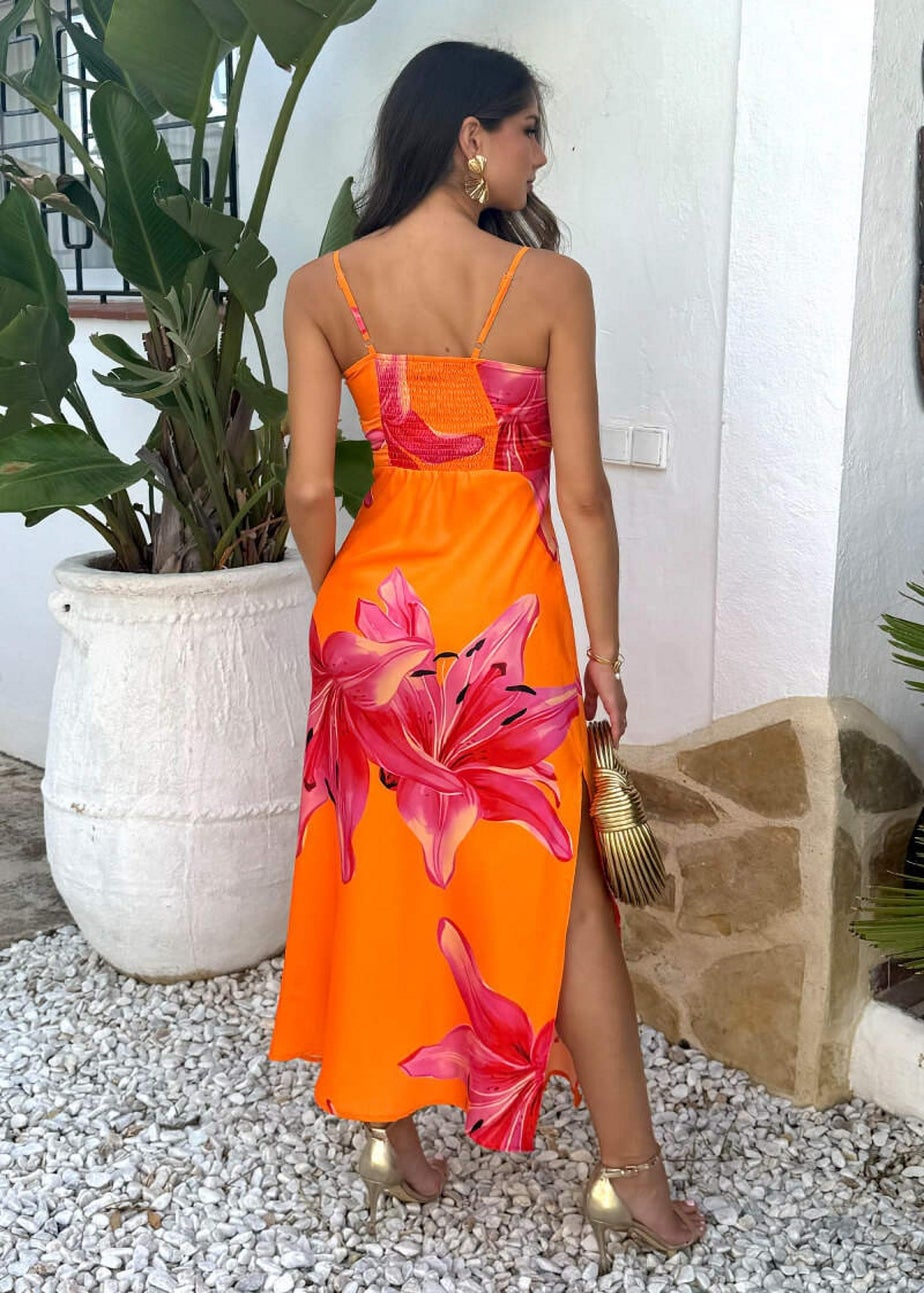 AX Paris Orange And Pink Floral Print Strappy Slip Midi Dress