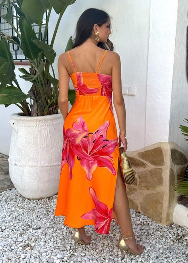 AX Paris Orange And Pink Floral Print Strappy Slip Midi Dress