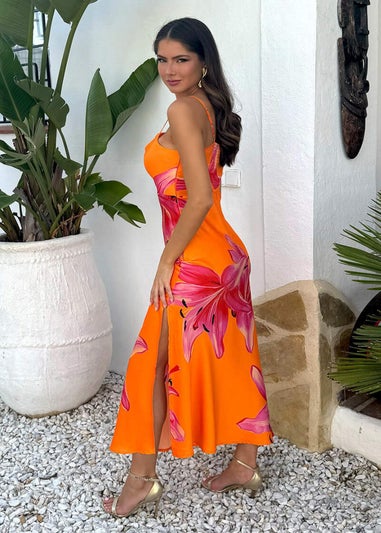AX Paris Orange And Pink Floral Print Strappy Slip Midi Dress