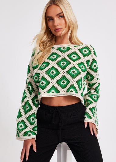 Quiz Green Crochet Geometric Crop Top