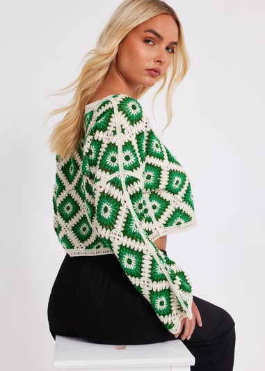 Quiz Green Crochet Geometric Crop Top