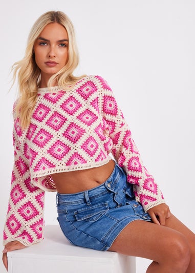 Quiz Fuschia Crochet Geometric Crop Top