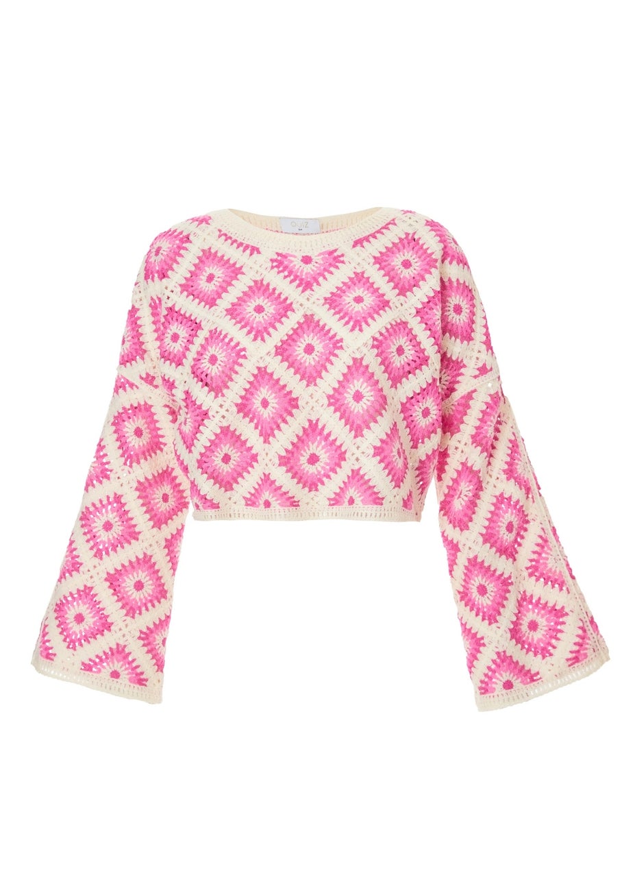 Quiz Fuschia Crochet Geometric Crop Top