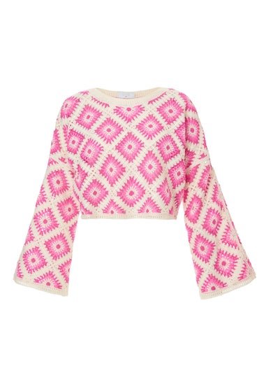 Quiz Fuschia Crochet Geometric Crop Top