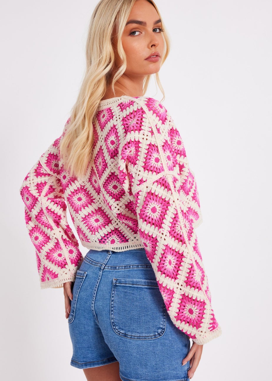 Quiz Fuschia Crochet Geometric Crop Top