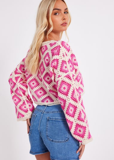 Quiz Fuschia Crochet Geometric Crop Top