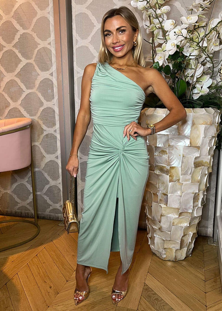 AX Paris Grey Duck Egg One Shoulder Knot Skirt Midi Dress