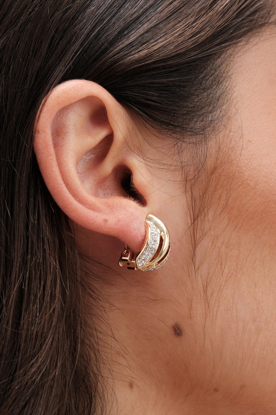 Jon Richard Gold Plated & Crystal Ribbed Clip Earrings