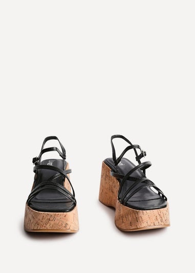 Linzi Orbit Black Faux Lizard Strappy Cork Flatform Sandal