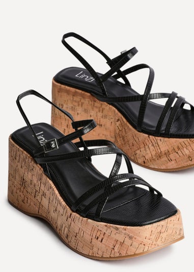 Linzi Orbit Black Faux Lizard Strappy Cork Flatform Sandal