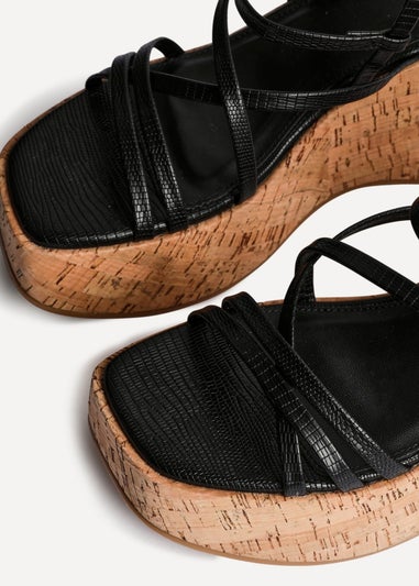 Linzi Orbit Black Faux Lizard Strappy Cork Flatform Sandal