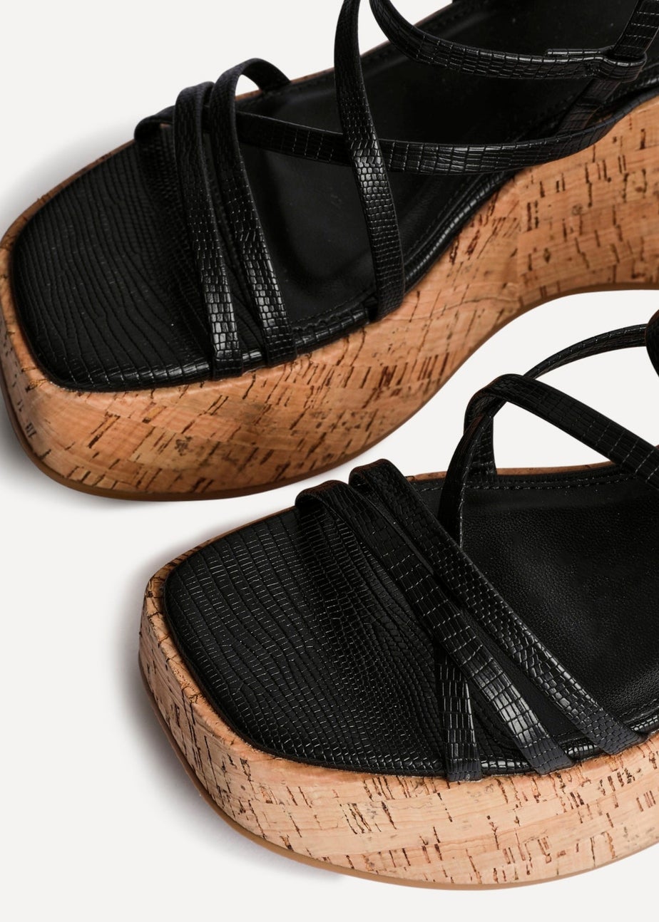 Linzi Orbit Black Faux Lizard Strappy Cork Flatform Sandal