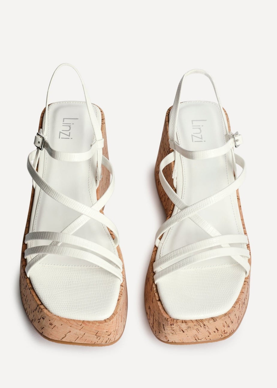 Linzi Orbit White Faux Lizard Strappy Cork Flatform Sandal
