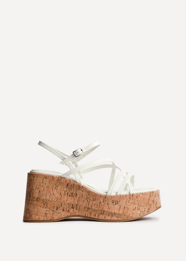 Linzi Orbit White Faux Lizard Strappy Cork Flatform Sandal