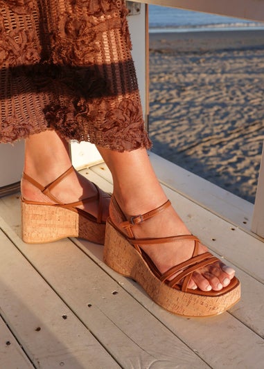 Linzi Orbit Tan Faux Lizard Strappy Cork Flatform Sandal