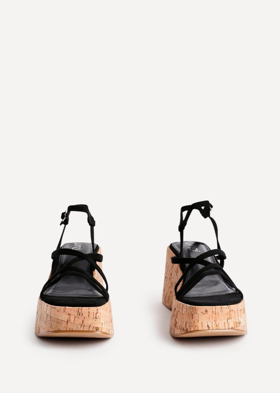 Linzi Orbit Black Faux Suede Strappy Cork Flatform Sandal
