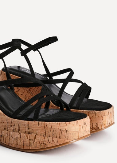 Linzi Orbit Black Faux Suede Strappy Cork Flatform Sandal