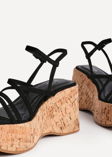 Linzi Orbit Black Faux Suede Strappy Cork Flatform Sandal