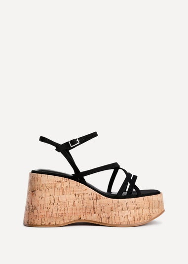 Linzi Orbit Black Faux Suede Strappy Cork Flatform Sandal